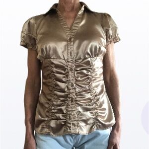 Vintage MaryJane Gold Metallic Ruffled  Puff Short Sleeve Deep V Neck Bl…